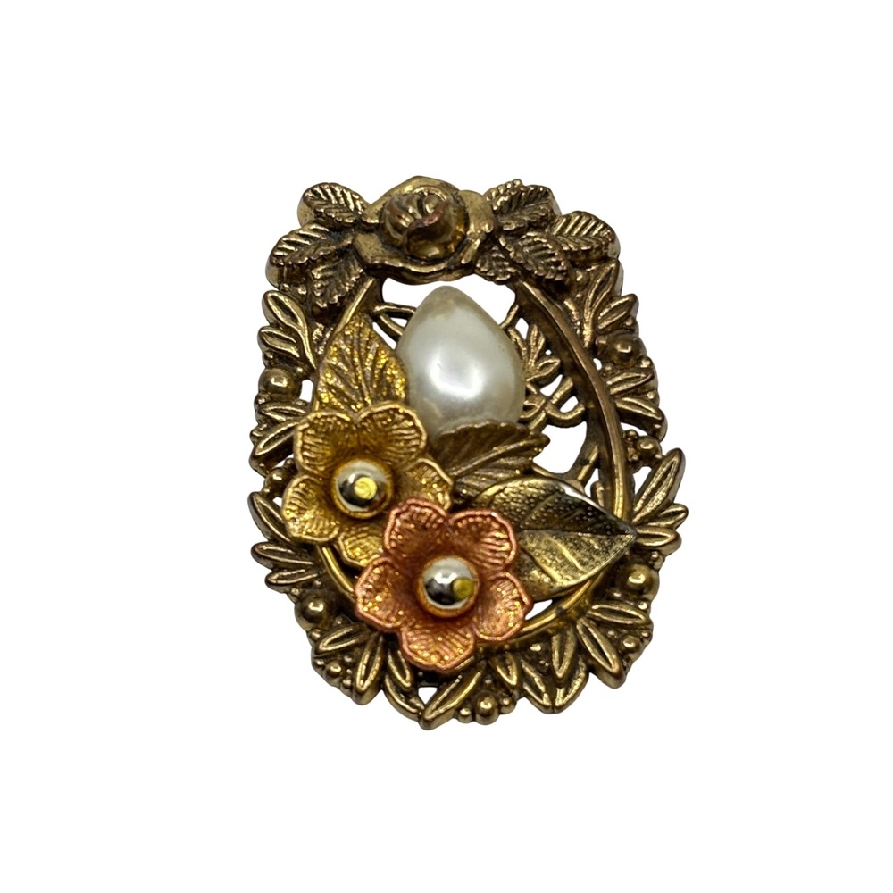 Vintage Floral Brooch Faux Pearl Rose Gold Tone Victorian Style Pin